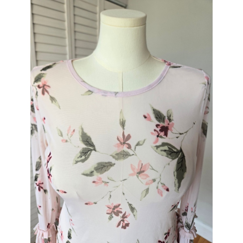 Freshman Pink Floral Mesh Long Bell Sleeve Top Sheer L Romantic Boho Fairycore - Picture 3 of 8